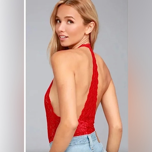 Free People Intimately Everyday Red Lace Halter Bodysuit Sz Large - Picture 2 of 13